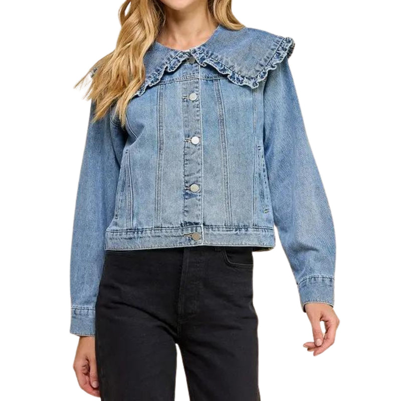 Ruffle Collared Front Button Down Denim Jacket