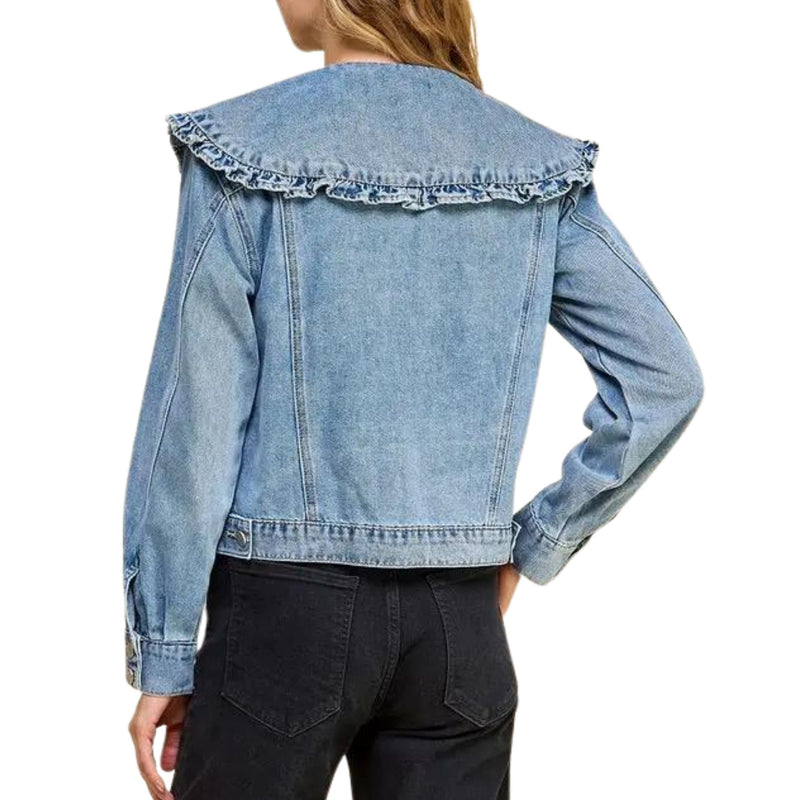 Ruffle Collared Front Button Down Denim Jacket