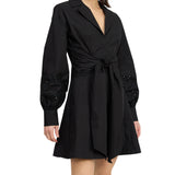 Black Cotton Tie Front Shirt Dress