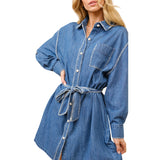 Blanket Stitch Button Up Denim Shirt Dress