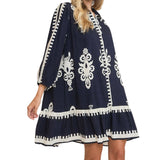 Border Print Collared Long Sleeve Dress