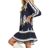 Border Print Collared Long Sleeve Dress