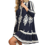 Border Print Collared Long Sleeve Dress