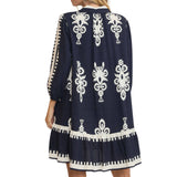 Border Print Collared Long Sleeve Dress