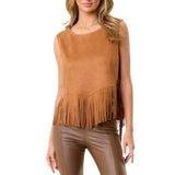 Camel Side Lace Up Fringed Top