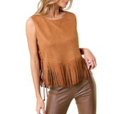 Camel Side Lace Up Fringed Top