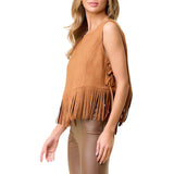 Camel Side Lace Up Fringed Top