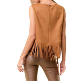 Camel Side Lace Up Fringed Top