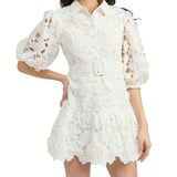 Collared Laser Cut 3D Floral Shirt Dress