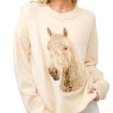 Embroidered Horse Crew Neck Sweater