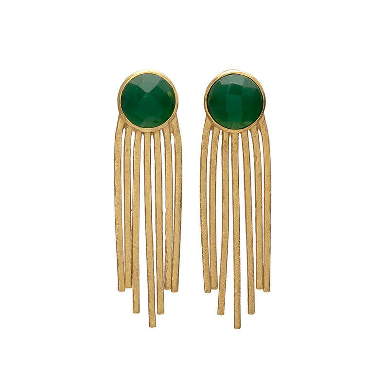 fringe statement earrings with green gemstone studs