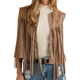 Faux Leather Fringe Braided Yoke Crop Waist Vest