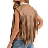 Faux Leather Fringe Braided Yoke Crop Waist Vest