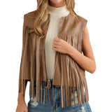 Faux Leather Fringe Braided Yoke Crop Waist Vest