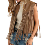 Faux Leather Fringe Braided Yoke Crop Waist Vest