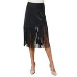 Faux Leather Fringe Knee Length Skirt