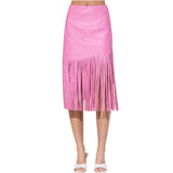 Faux Leather Fringe Knee Length Skirt