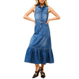 Sleeveless Button Up Tiered Denim Maxi Dress