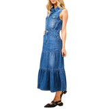 Sleeveless Button Up Tiered Denim Maxi Dress