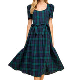 Sweet Heart Neckline Plaid Midi Dress