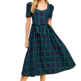 Sweet Heart Neckline Plaid Midi Dress