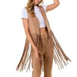 Tan Studded Long Fringe Faux Vest