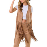 Tan Studded Long Fringe Faux Vest