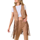 Tan Studded Long Fringe Faux Vest