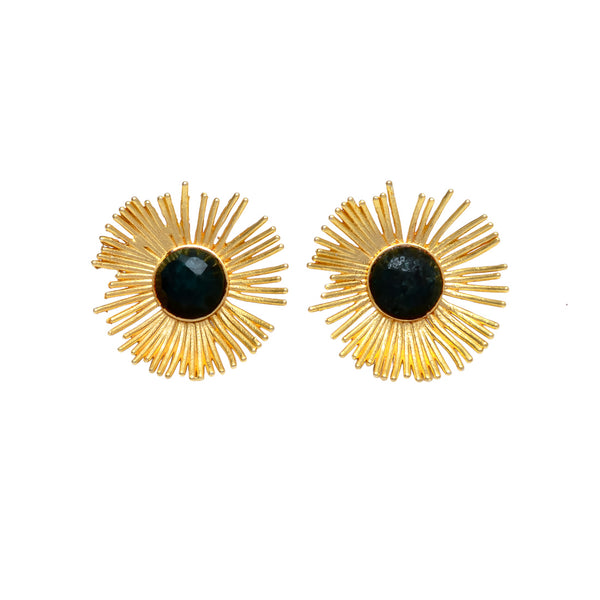 black onyx stone stud earrings with gold sunburst accents